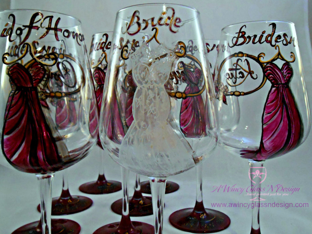 Swarovski Crystals Custom Hand Painted Bridesmaids Dress Wine Glasses – A  Wincy Glass N Design